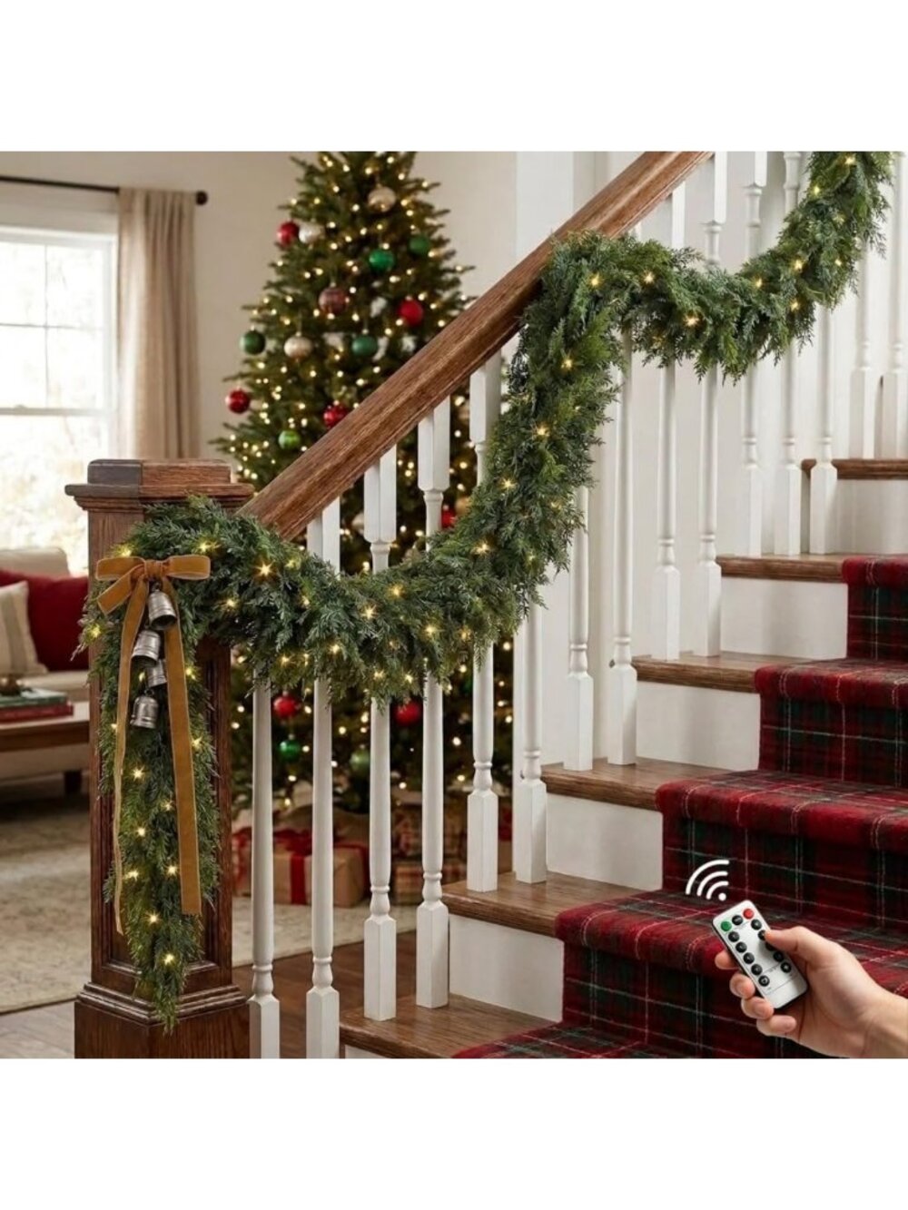 12FT 1Pcs Christmas Cedar Garland with Lights Realistic Faux Pine Garlands